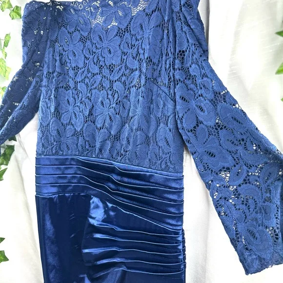 NWT Miusol Womens Lace Bodice Satin Ruched Mermaid Evening Dress Navy Blue Large - Picture 4 of 12